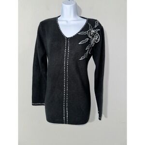 Brownstone‎ Studio Black V-Neck Knit Sweater with Floral Applique Medium